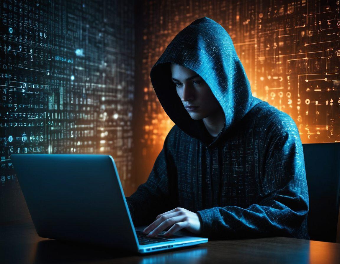 A mysterious figure cloaked in shadows, sitting at a laptop in a dimly lit room, surrounded by digital symbols like lock icons and binary code flowing around them. The glow from the laptop illuminates the figure's face, showcasing a focused expression. In the background, abstract representations of networks and digital anonymity blend into the darkness. super-realistic. vibrant colors. dark atmosphere.
