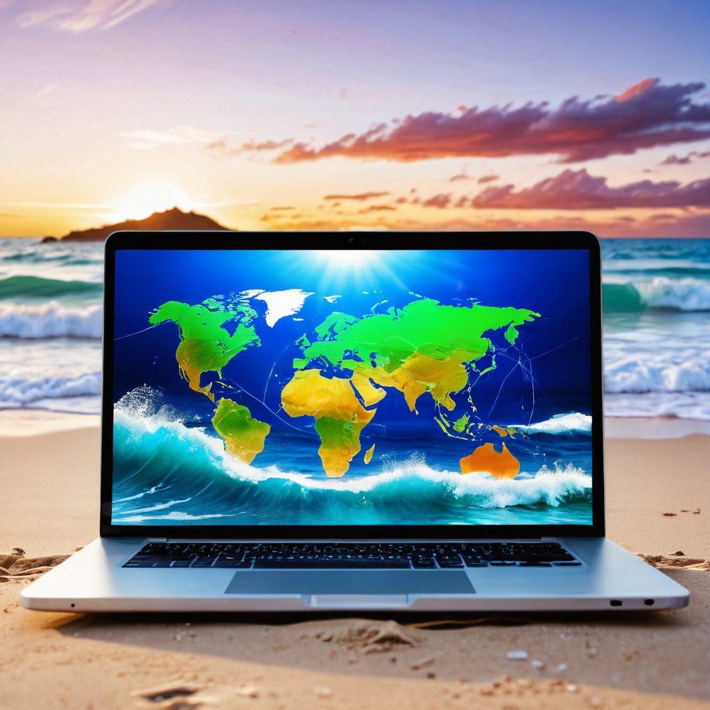 A digital landscape symbolizing internet freedom, featuring an open laptop on a beach with waves crashing beside it. The screen displays glowing locks representing security and a vibrant world map in the background symbolizing global connectivity. Bright, inviting colors to evoke a sense of liberation and optimism. super-realistic. vibrant colors. white background.