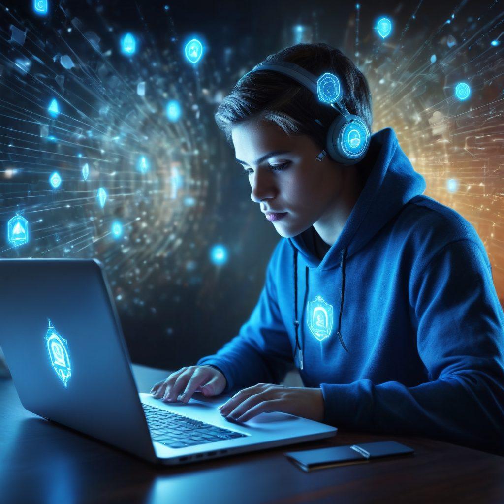 A person sitting at a laptop with a focused expression, surrounded by digital shields and locks symbolizing online privacy. Incorporate a soft blue glow emanating from the laptop screen, with abstract representations of data flow and potential threats in the background. Include visual elements like a compass and arrows to signify navigation through the web. super-realistic. vibrant colors. digital art.